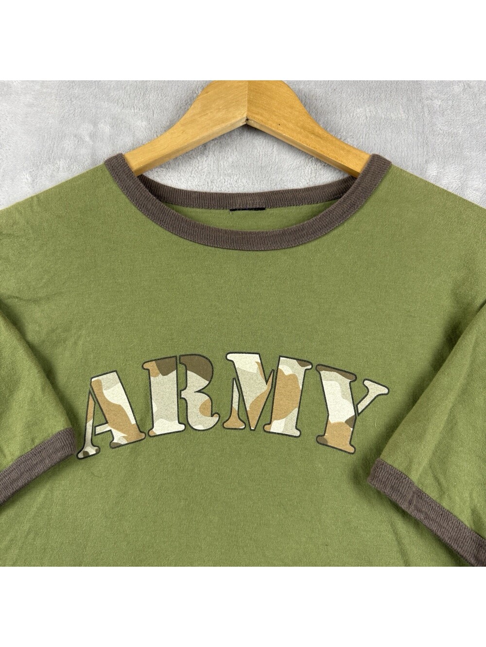 Vintage Army Camo Logo Ringer T Shirt Olive Green Military Graphic Tee USA Made